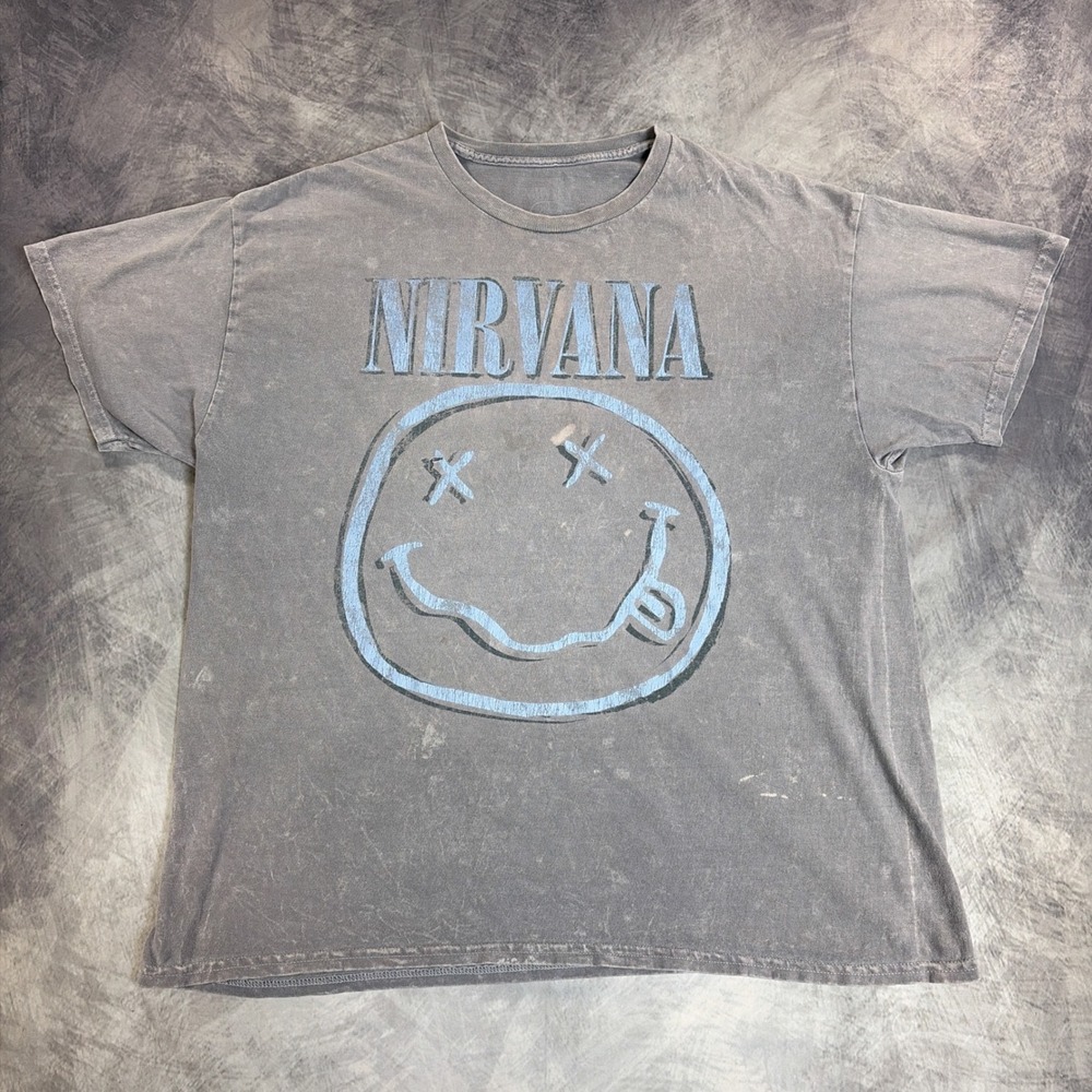 Nirvana Graphic T-Shirt Mens L Grey In Utero Tour Smiley Face Acid Wash Tee